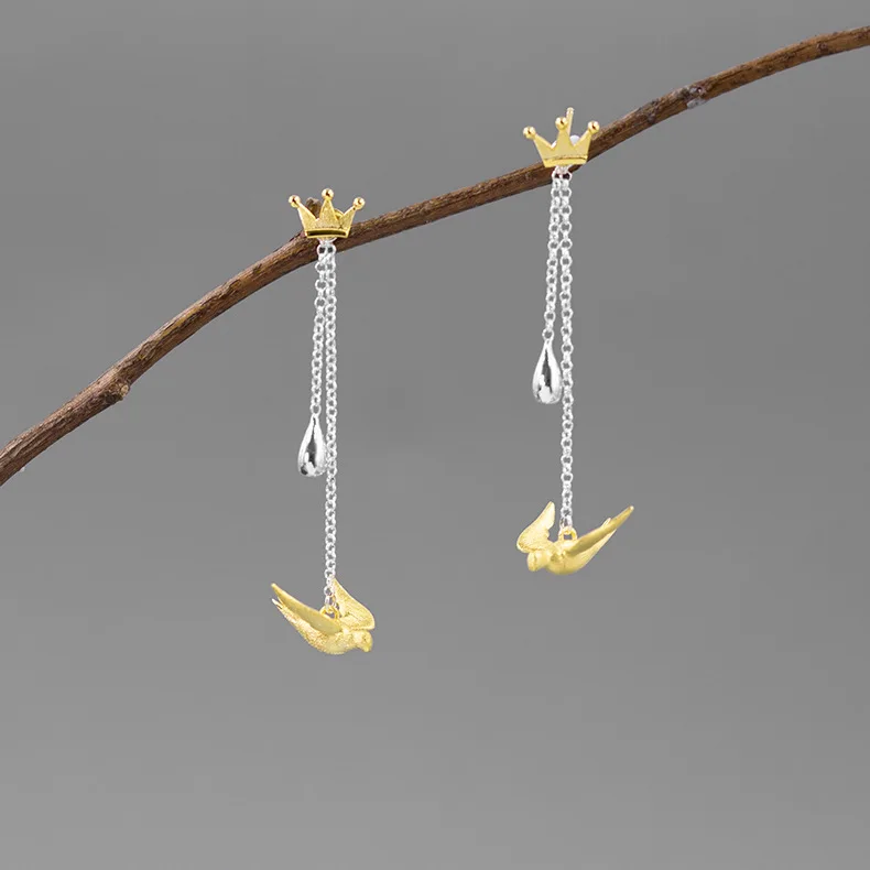 925 Sterling Silver Tassel Earrings for Women Cute Swallow and Crown Dangle Drop Earrings Jewelry