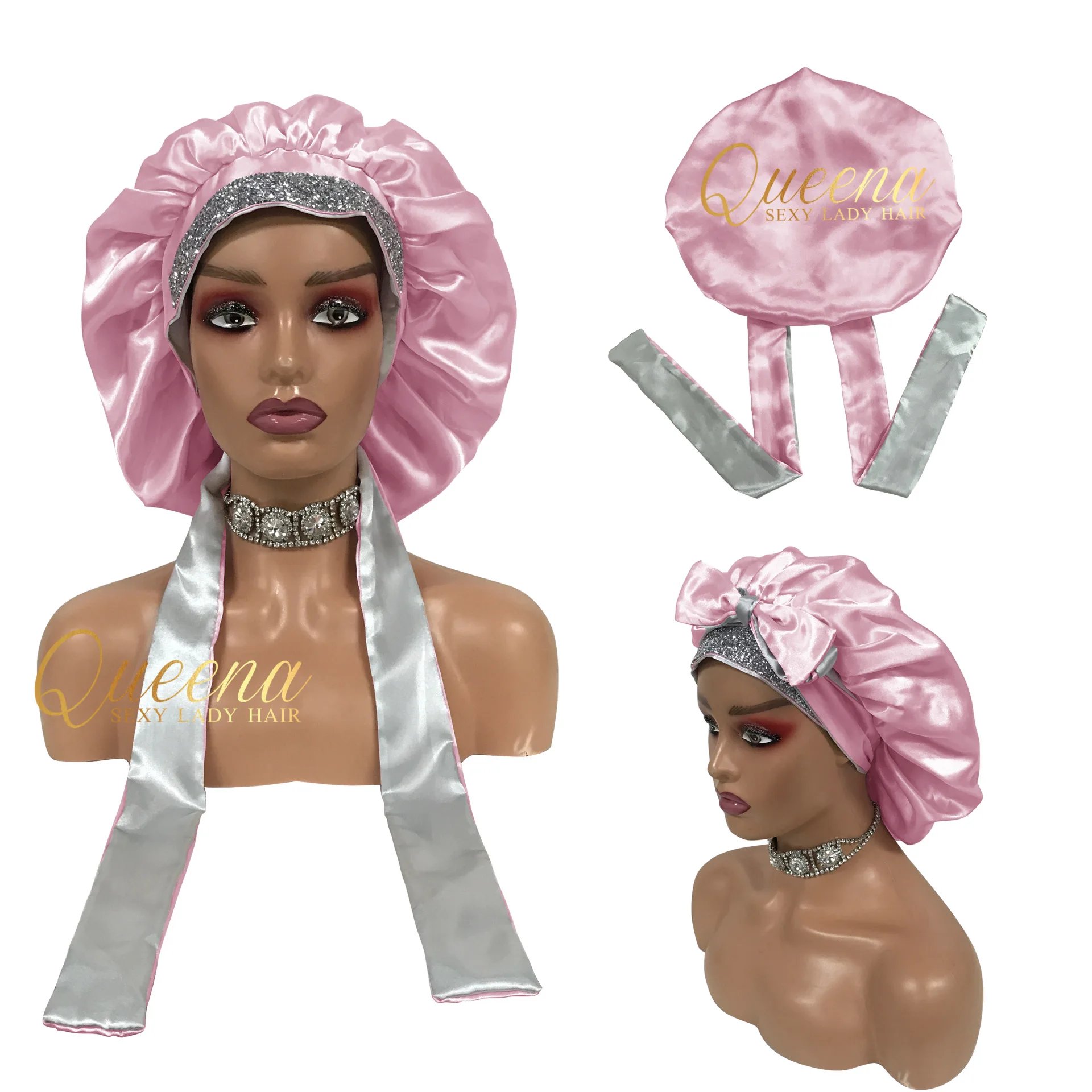 Wholesale new fashion custom logo designer luxury diamond women satin sleeping cap silk hair bonnets and edge wrap