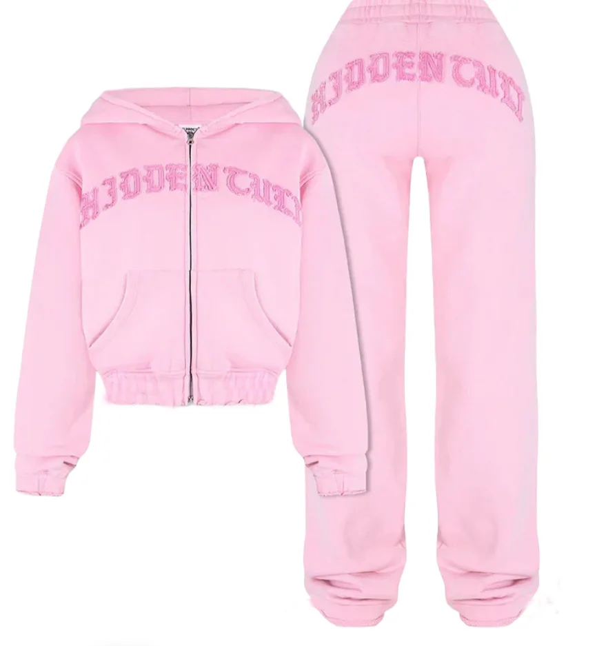 X16596C Casual Letter Embroidery 2 Piece Sets Women Hipster Long Sleeve Zip-Up Hoodie and Sweatpants Matching Autumn Tracksuits