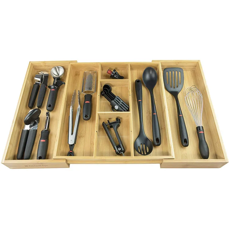 Expandable Drawer Organizer Adjustable  Divider Expand Kitchen Bamboo Cutlery Tray