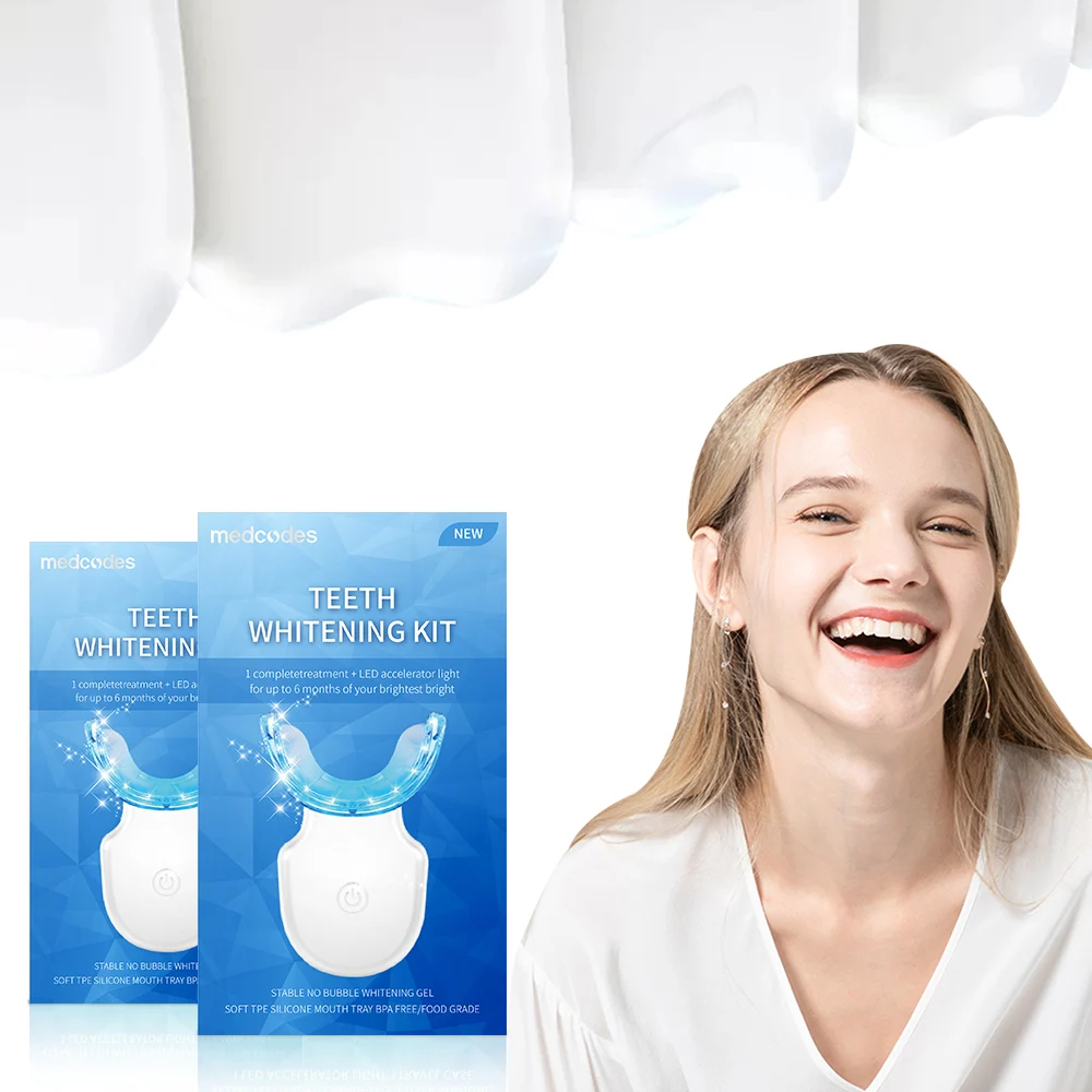 Medcodes Custom LED Teeth Whitening Kit 4 Gel Full Set Soft Tray Dental Care Bleaching Teeth Dental Whitening Kit with Led Light