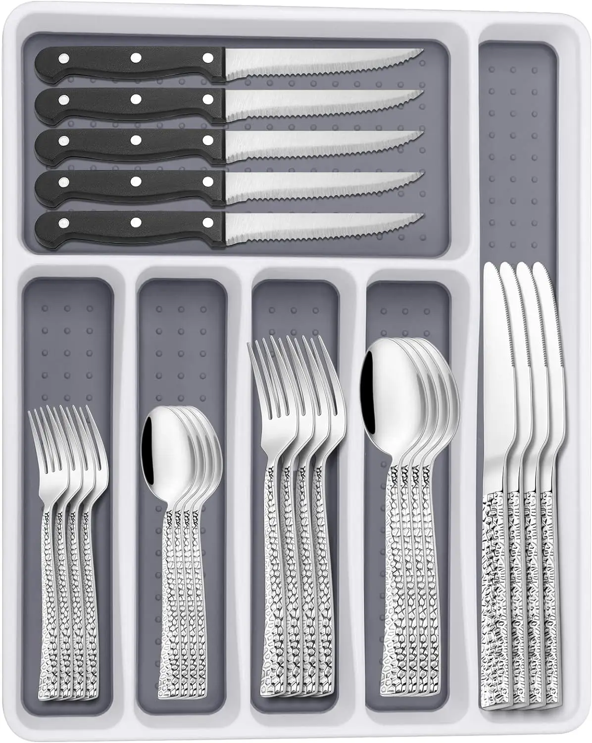 Silverware Set with Organizer, 49 Piece Stainless Steel Hammered Flatware Set for 8, Eating Utensil Sets with Steak knives