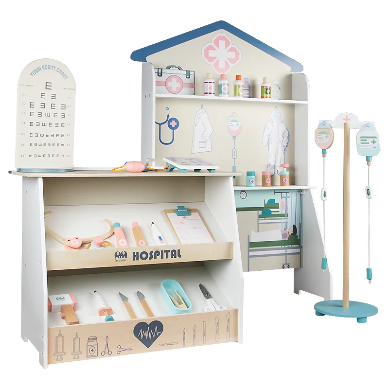 Hot Sell Wooden Play House Simulation Combination Hospital Toy with  Wooden Medical Toy Set, Excellent Role Play Toy For Kids