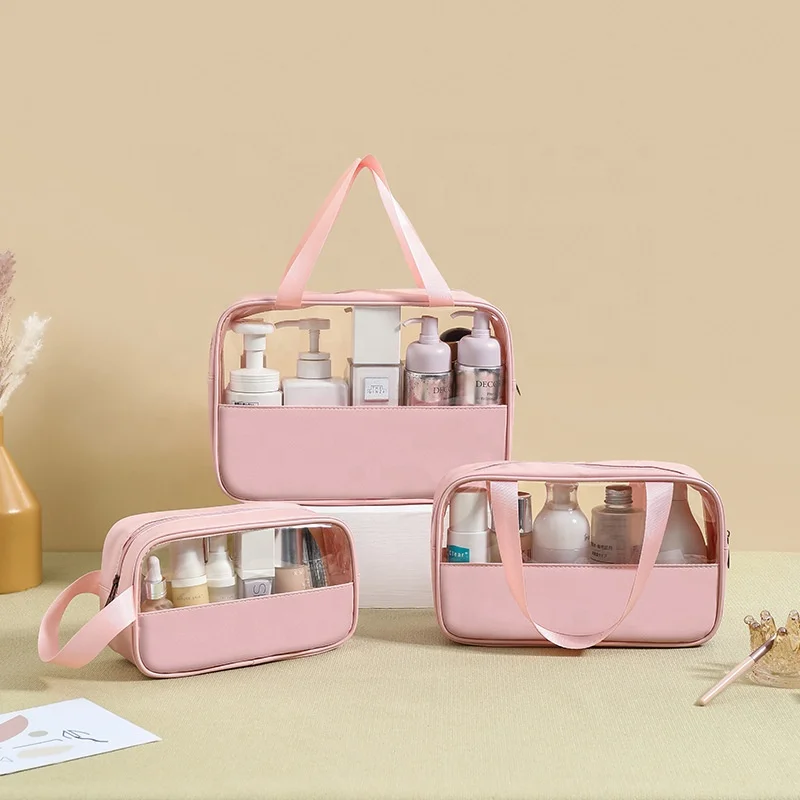 Hot Sell Drop shipping Beauty PVC Transparent Bag Pink Color Square Shape Kit de maquillage Cosmetic Bags For Woman