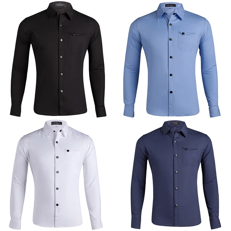 Мужская однотонная деловая рубашка из 100% хлопка, с отложным воротником и длинными рукавами, с металлическими пуговицами