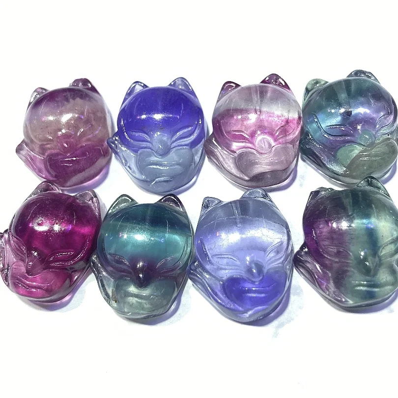 Wholesale natural fluorite small fox shape lucky gem ornaments crystal carving