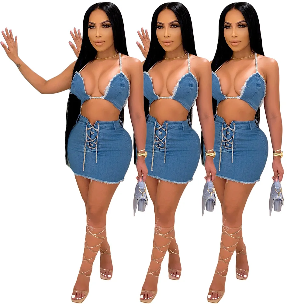 2022 Denim Jeans Bikini Dress Sets Denim Jeans Two Piece Skirt Sets Clothing Sexy Summer 2 Piece Jean Jacket Dress Skirt Sets