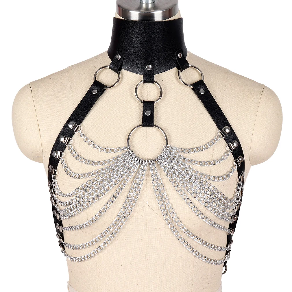 Sexy Harness Leather Chain Bra With Choker For BDSM Pet Slave Game Charming Woman Wear