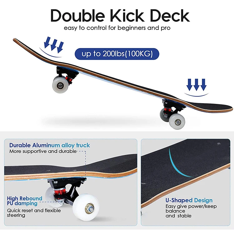 
Wholesale Custom Print PU Casting Skateboard Wheels Non-slip 7-ply Maple Plywood Skate Board 