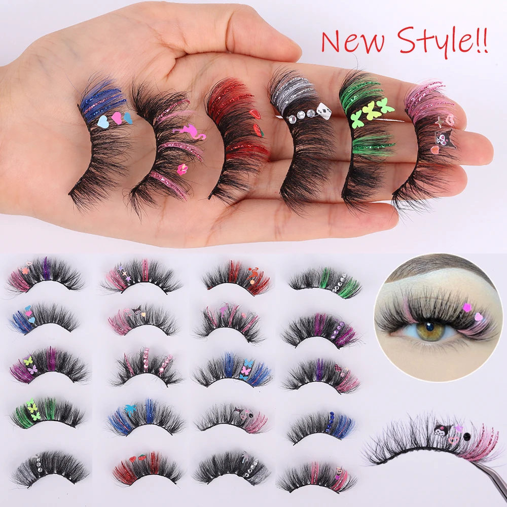 Wholesale Dramatic Design 15 20 25mm Faux Mink Eyelashes with Glitter Fluffy Luxury Colored Mink Lashes