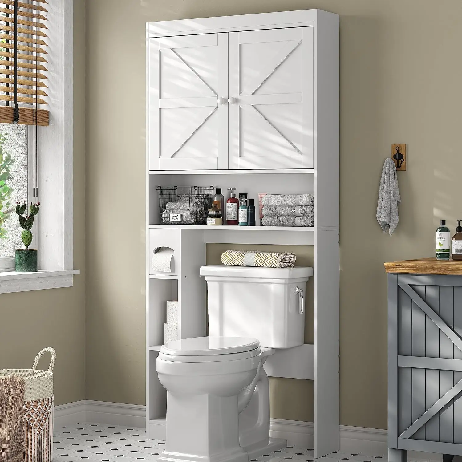 Above Toilet Storage Cabinet with Barn Door and Paper Towel Cabinet Freestanding Toilet Storage Rack Space Saving