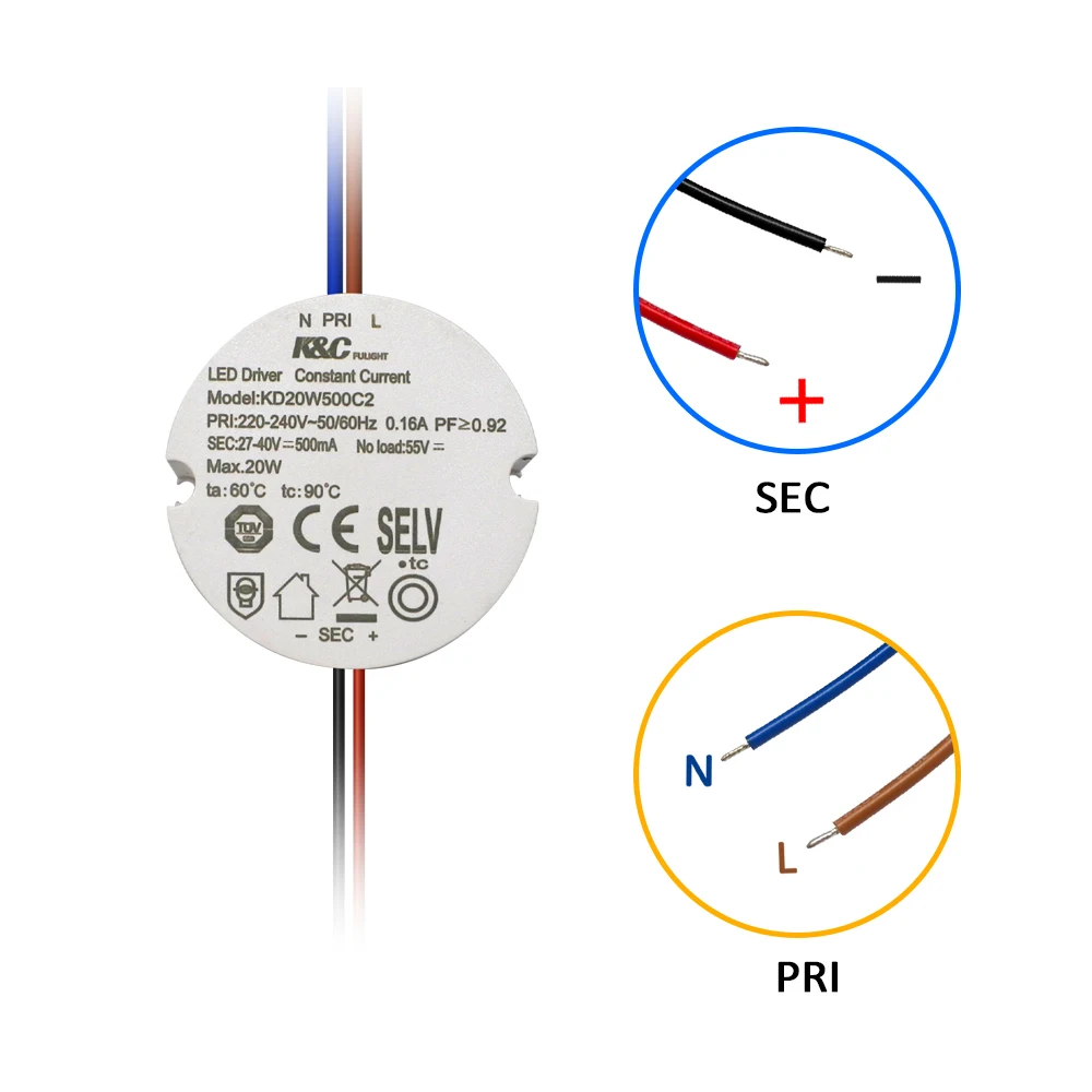 KC Factory Wholesale IP20 Full Power Series LED Power Supply 20W Lighting transformers AC 220-240V Led Driver