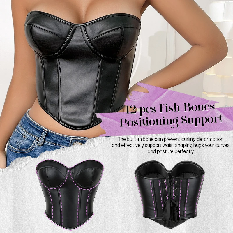 Ladies Black Waist Cincher Trimmer Body Shaper Belt Pu Leather Overbust Corset Tops Up Strapless Boned Body Shaper Bustier Top