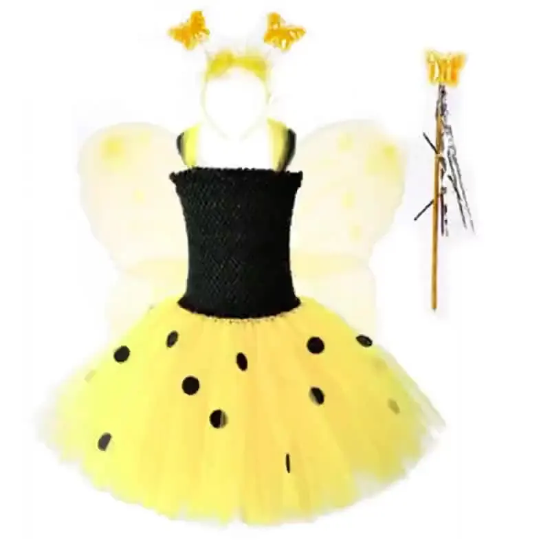Factory Direct Sale Yellow Butterfly Fairy Spot Puffy Performance Kids Costumes Party With Wing