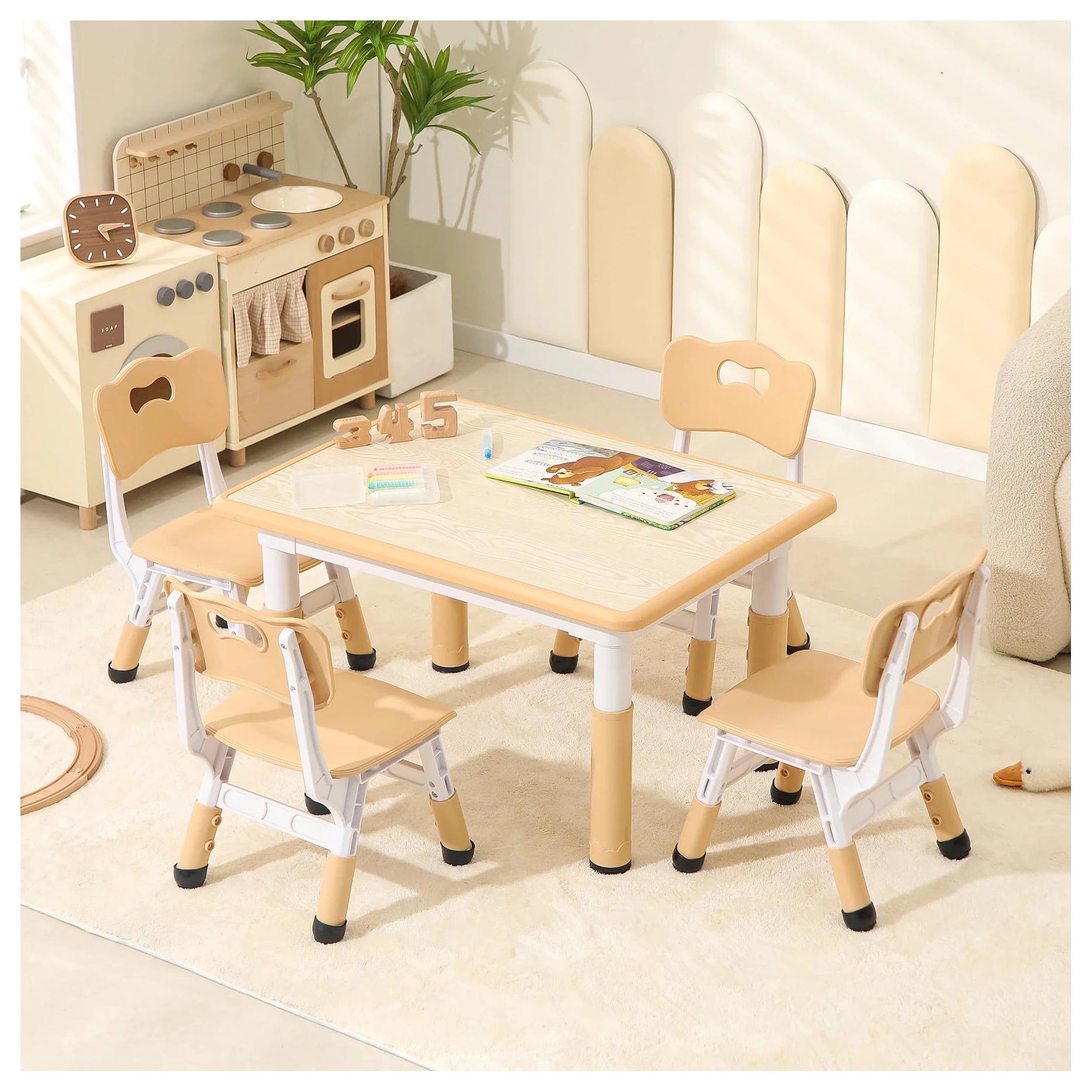 Kids Table and Chair Set,Height Adjustable Toddler Table and Chair Set for Study,31.5'L x 23.6'W Graffiti Table with 4 Chairs