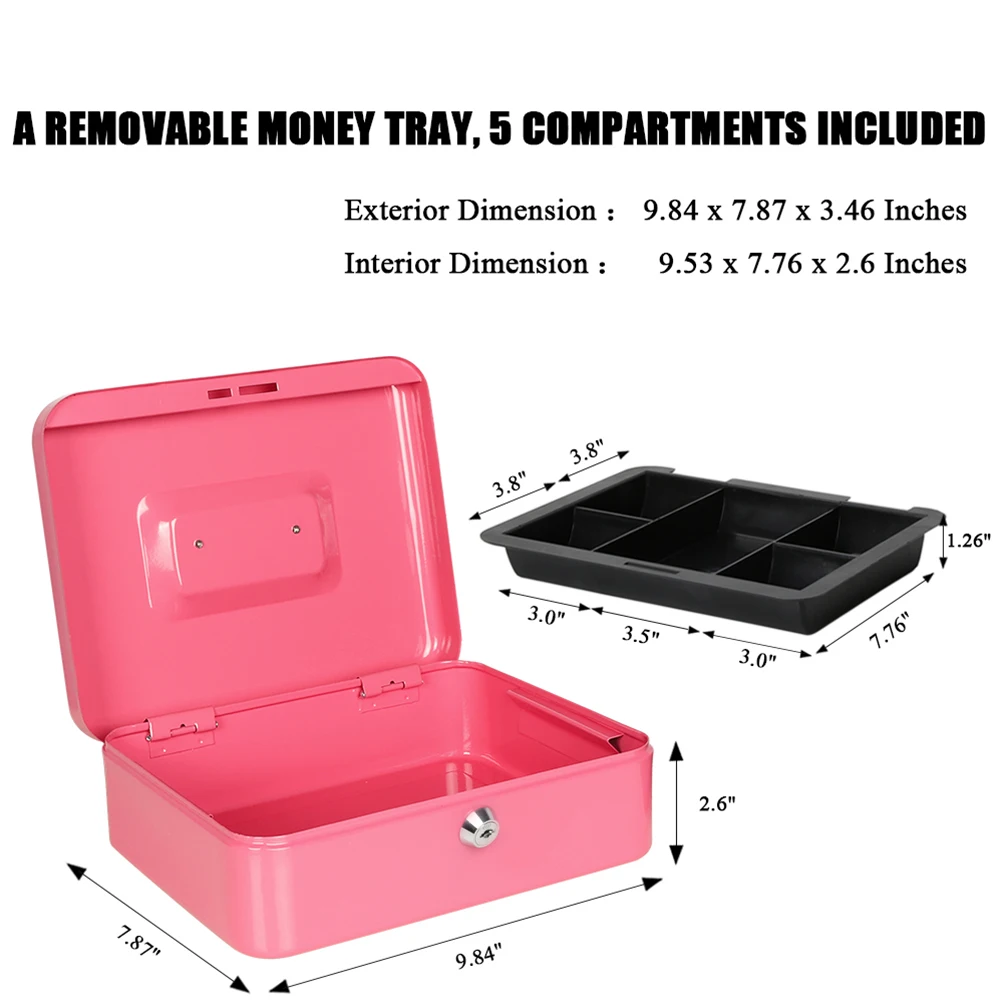 250mm Steel portable mechanical key lock office safety green  money cash box with plastic tray