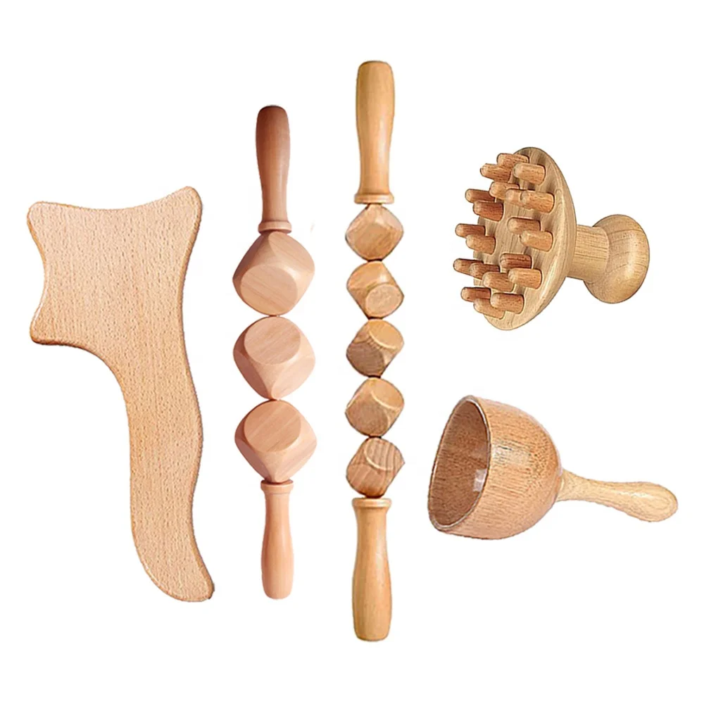 Wholesale Solid Beech Wood Massager Rolling Stick Scraping Board Lymphatic Gua Sha Wood Therapy Massage Cup Head Massage Set