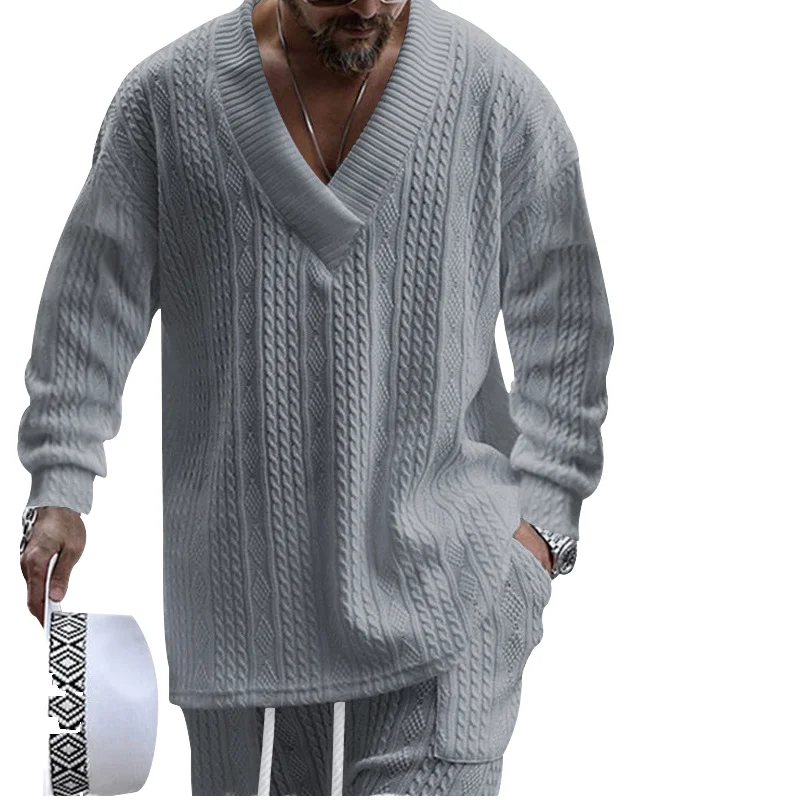 Autumn Jacquard Knitting Top for Men Cross-Border Casual V-Neck Pullover with Loose Fit Long Sleeve and Casual Style
