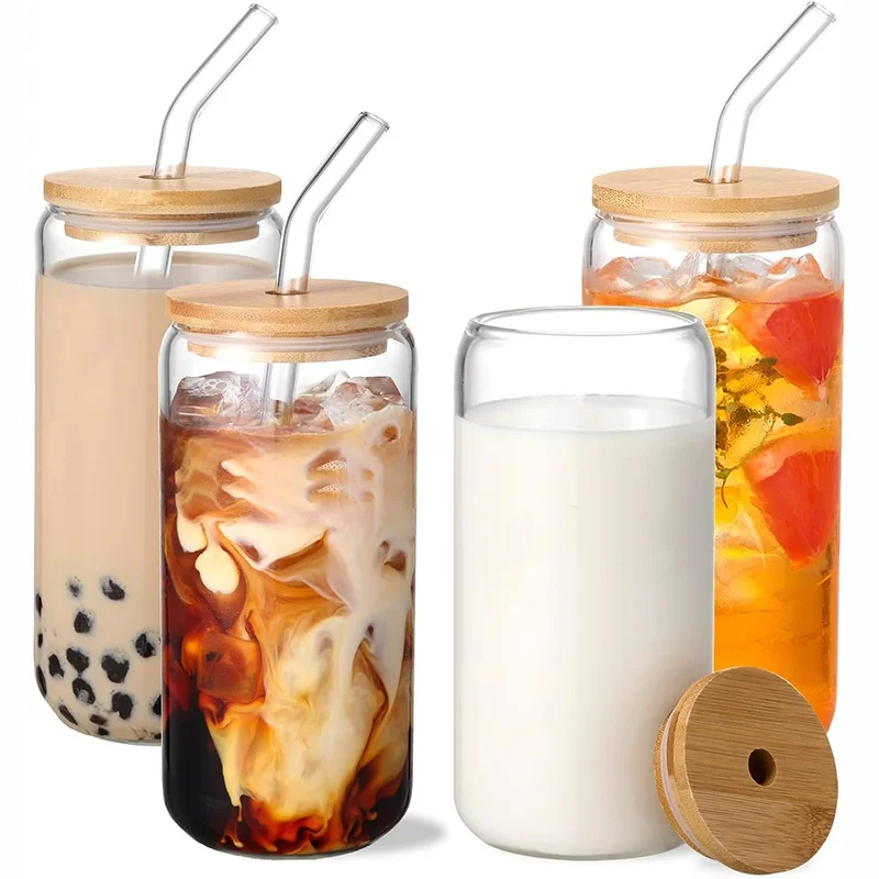 Free Sample 12oz 16oz 20oz frosted clear sublimation Glass Beer Can  glass cup jars with bamboo lid and straw