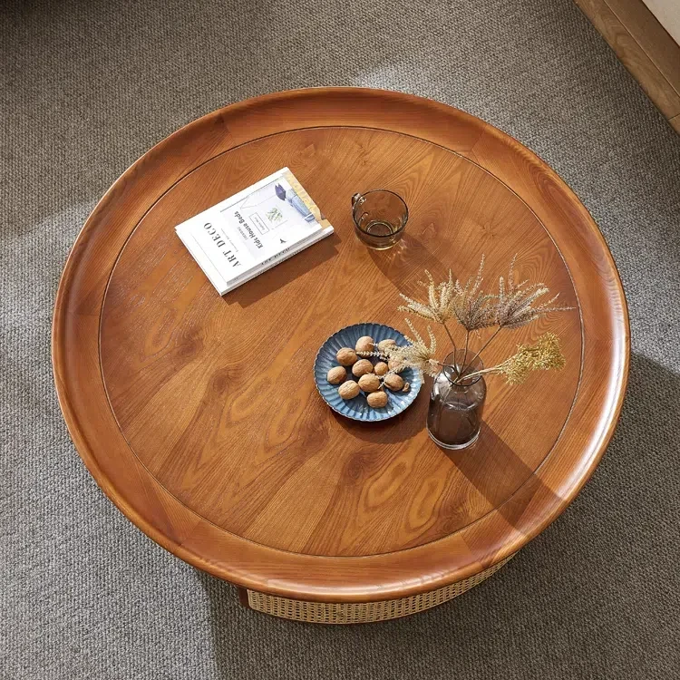 Japanese-style solid wood rattan tea table round home simple small apartment living room coffee table