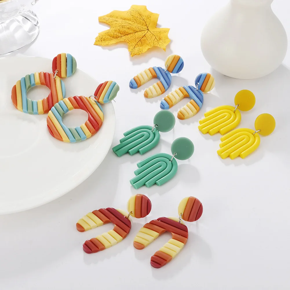 Creative polymer clay rainbow color U shape stud earrings for girls