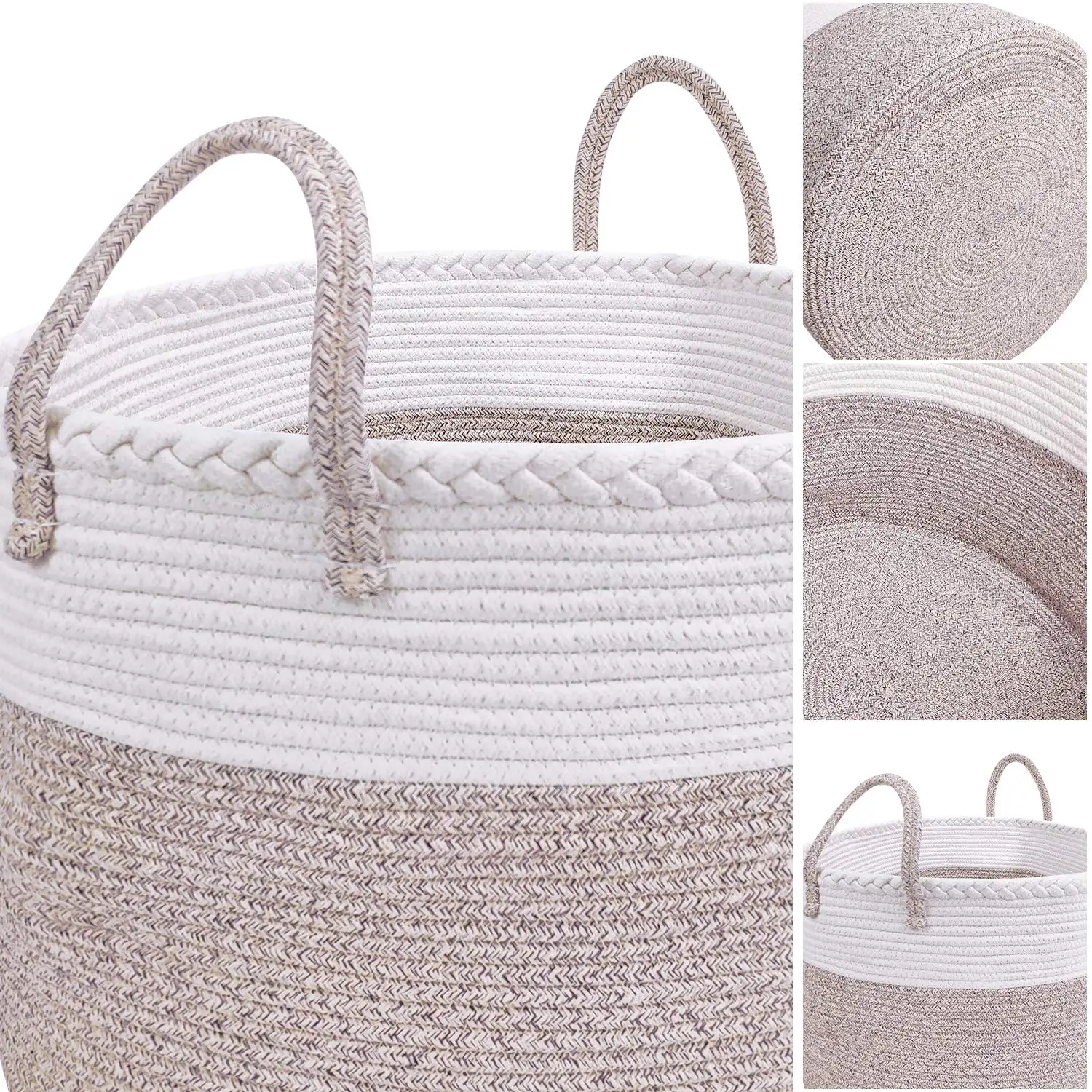 KUYUE Large Cotton Rope Storage Baskets Woven Laundry Hamper Cotton Basket with Unique Braid