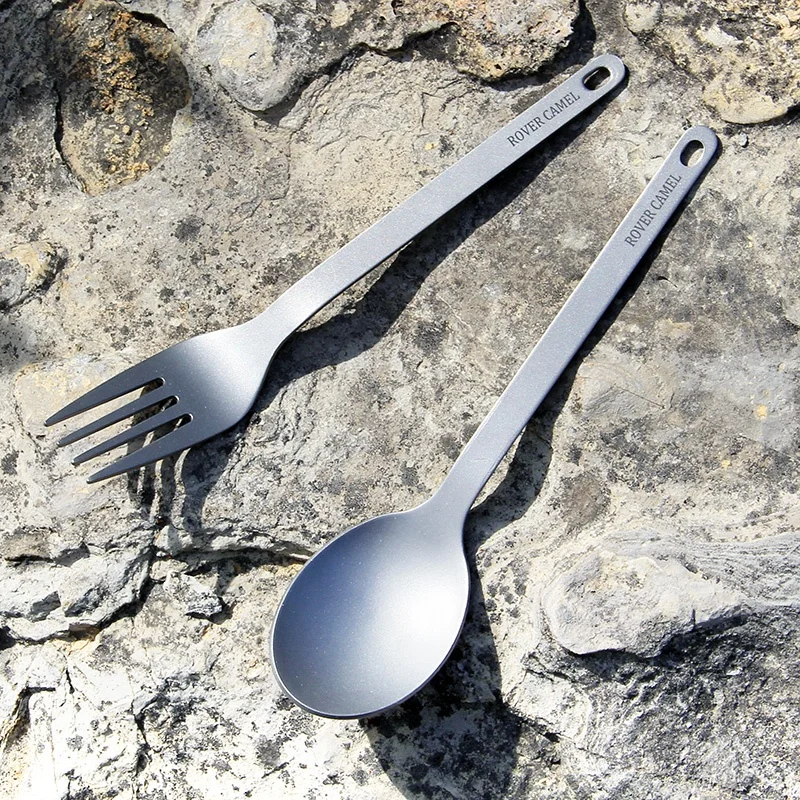 Outdoor camping kitchen Titanium Tableware Camping Spoon Fork with Customized Logo two-piece Titanium Cutlery