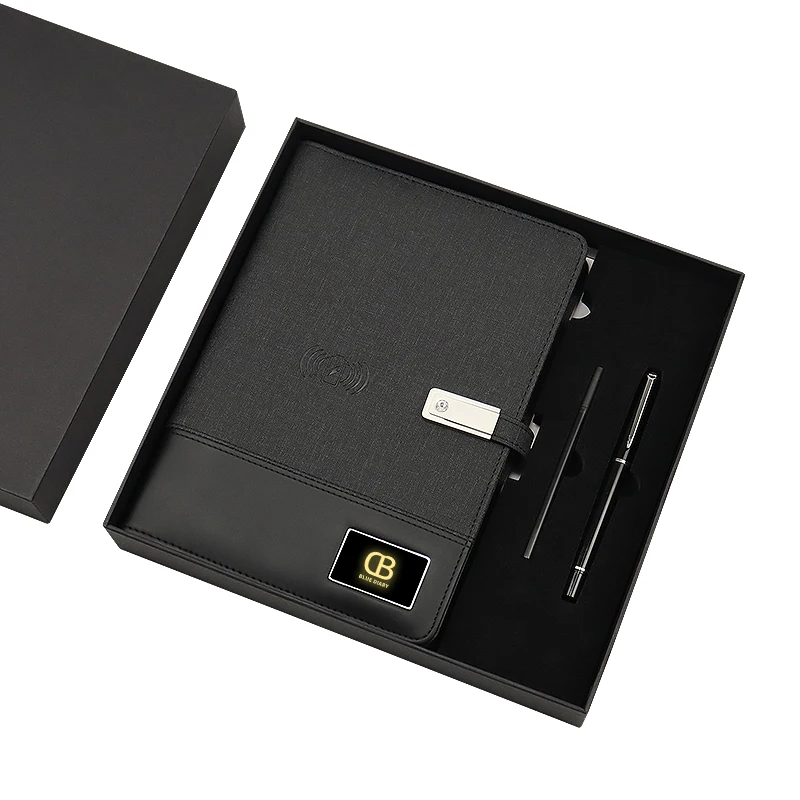 Hotsale Custom LED light up Logo Business Gifts Wireless Charger 8000mAh Battery Power Bank Notebook with Pen Gift Sets