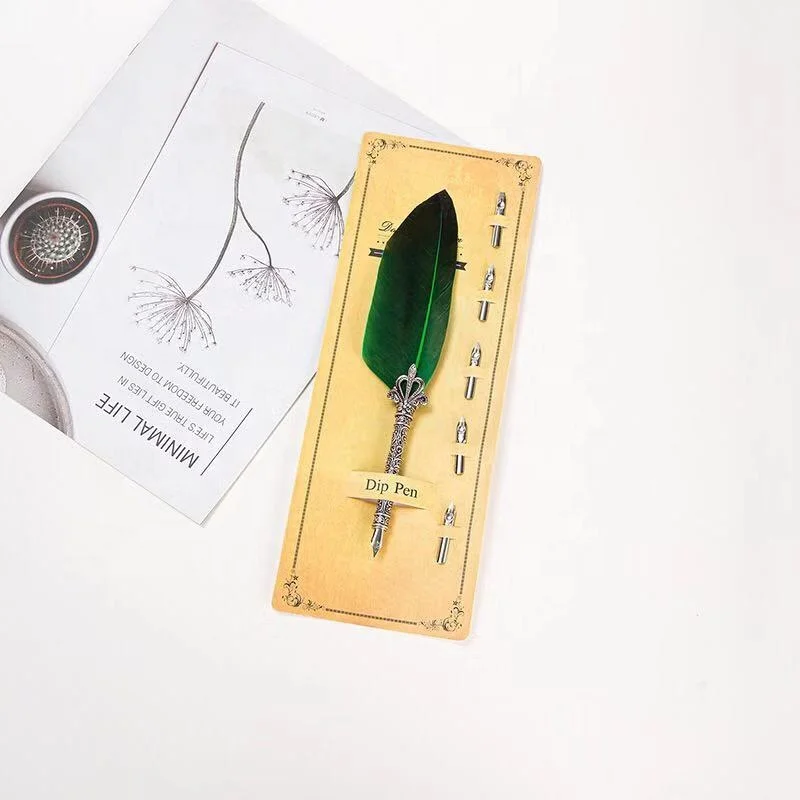 Creative Retro Feather Quill Pen Owl Feather Writing Dip Pen Hand Craft Copper Metal Pen with 5 Replaceable Nibs