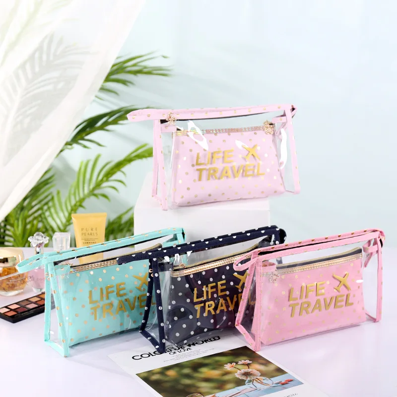 2Pcs/Set Cute Dot Pattern Daily Wash Storage Bag Travel Summer Beach Waterproof Pvc Organizer Bag Clear Makeup Cosmetic Bag Kit