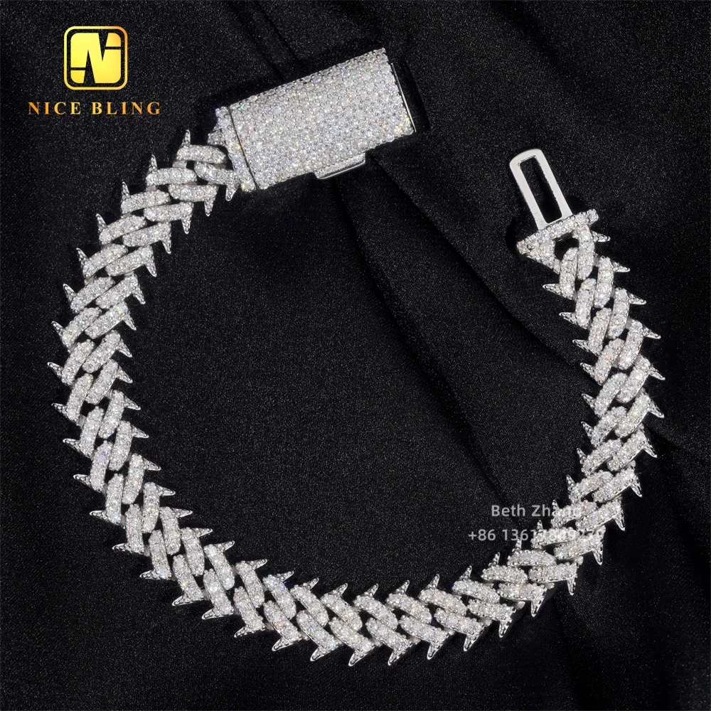 Punk Style Hip Hop Iced Out Jewelry 10MM Moissanite Cuban Bracelet 925 Sterling Silver Spike Link Cuban Bracelet For Men