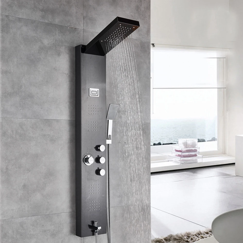 Black Bathroom Rain Shower Panel Brushed Nickel Shower Column Tub Hand Shower Wall Panels with Massage