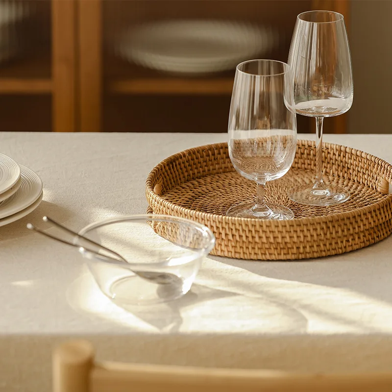 Japanese Style Round Multifunctional Fruit Tray Handles Woven Rattan Bread Basket Creative Breakfast Platter