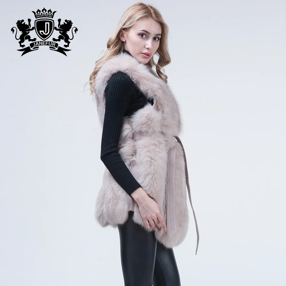 Janefur Fur Gilet Real Fox Fur Vest with Leather Belt Winter Fur Vest for Women