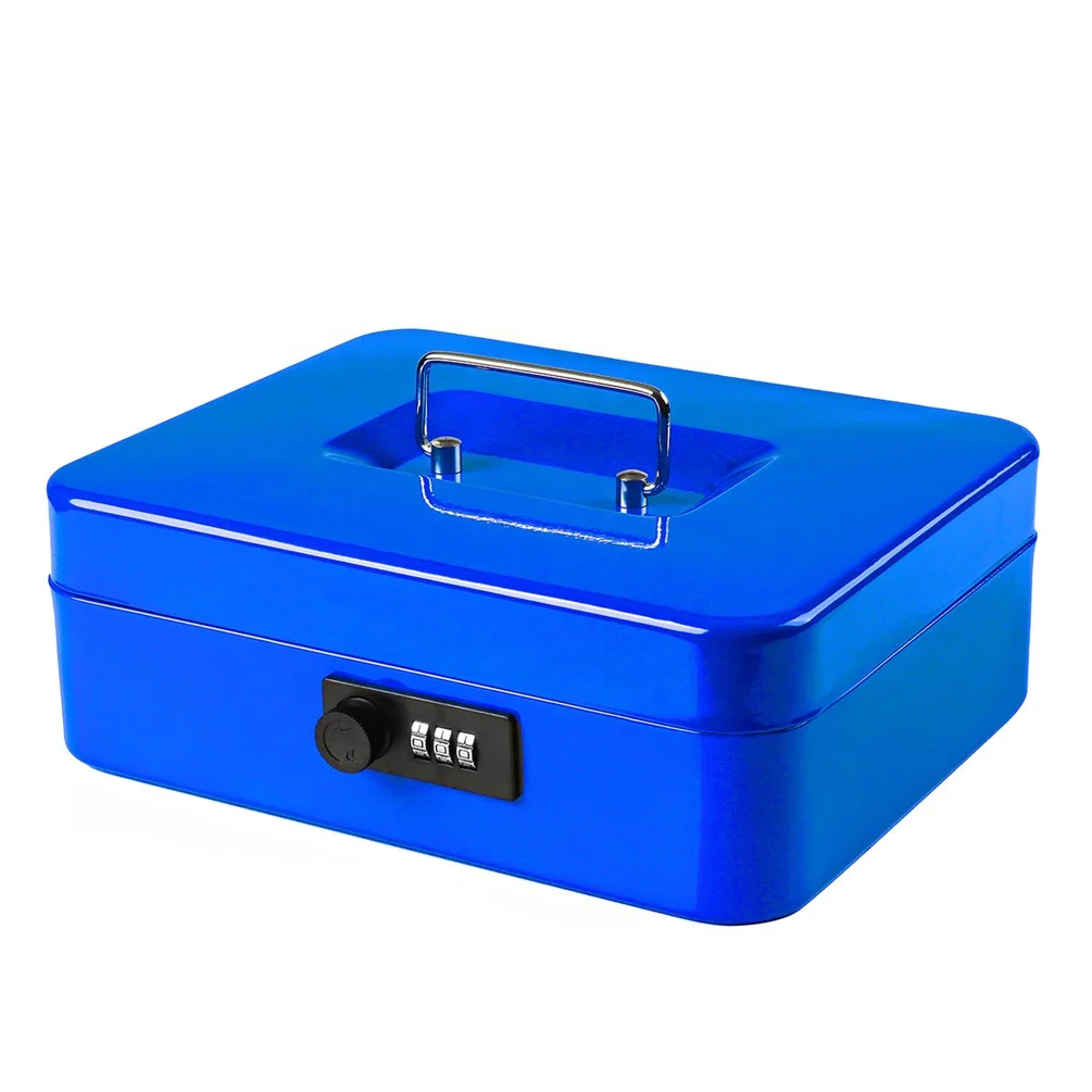 Blue color Large Cash Box with code Lock portable Money Box with Removable Coin Tray