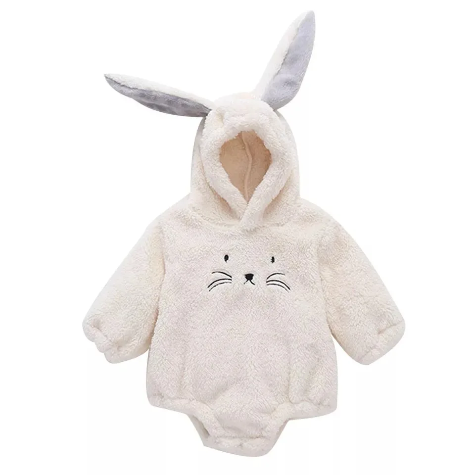 Wholesale Babys Clothing Winter Girls Hooded Warm Rabbit Ear Jumpsuit 2024 Newborn Baby Clothes Romper