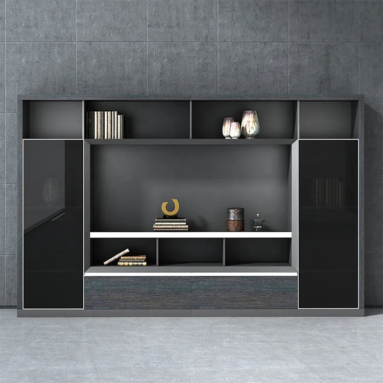 High end luxury glass doors wooden background office furniture file cabinet
