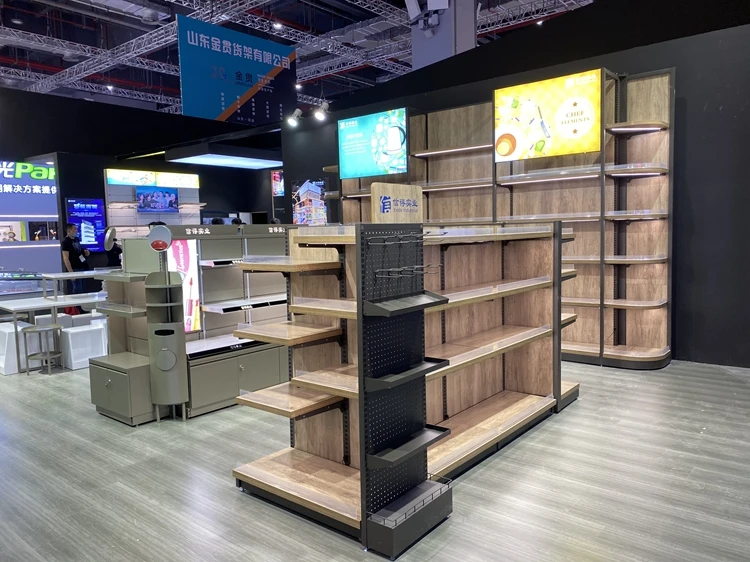 High quality custom store-wide full range Gondola single-sided wooden iron retail store display shelves for retail stores