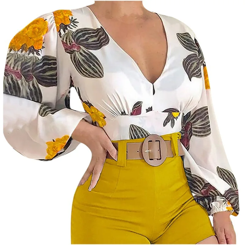 T-Shirt Sexy Crop Top spring Elegant Long Sleeve V Neck Ruffle Chiffon Trim Floral Print Shirt Tops Clothing For Women