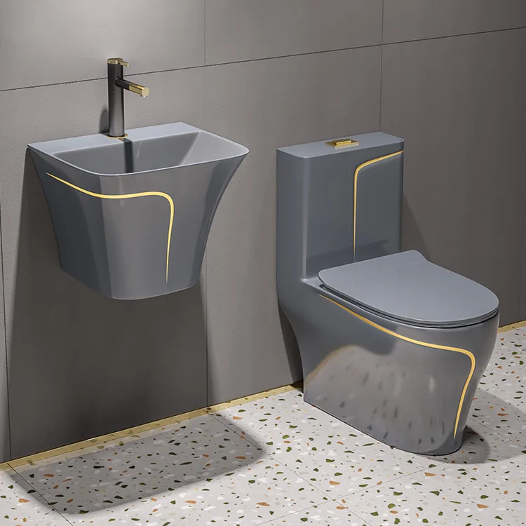 Modern easy clean glazed matte grey toilet and wall mounted ceramic basin bathroom set