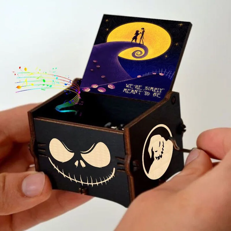Accept Customized Design Laser Carved Music Box Hallowmas Theme Vintage Hand Crank Wooden Music Box