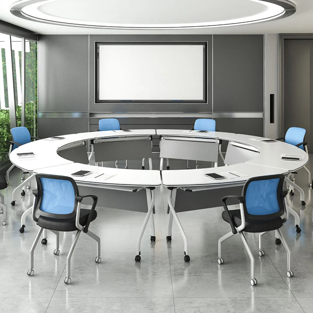 Cheap smart round wooden power socket folding conference meeting training school student staff training office desk table chairs