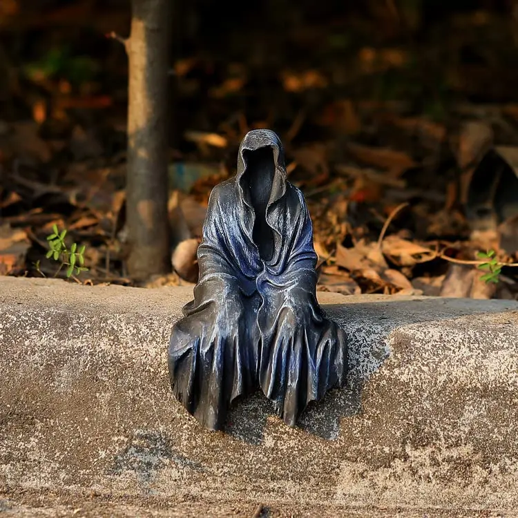 Halloween Spooky Gothic Decor Cloaked Figure Resin Figurine Mysterious Sitting Black Robe Statue