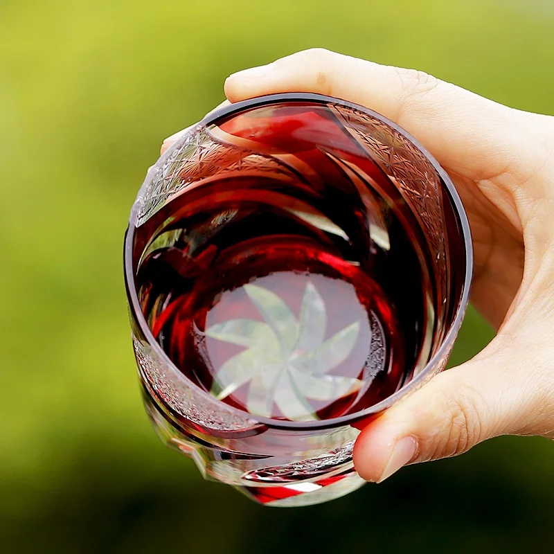 Kiriko Style Blue Clear Hand Carved Custom Color 250ml 8oz Japandi Design Drinking Glass for Wine Whiskey Sake & Cocktail