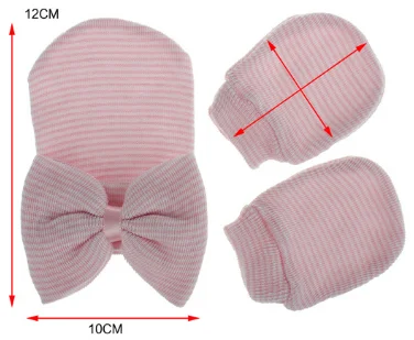 Newborn hospital knitted beanie hat mitten hand set 2 pcs sets baby newborn hat with bow