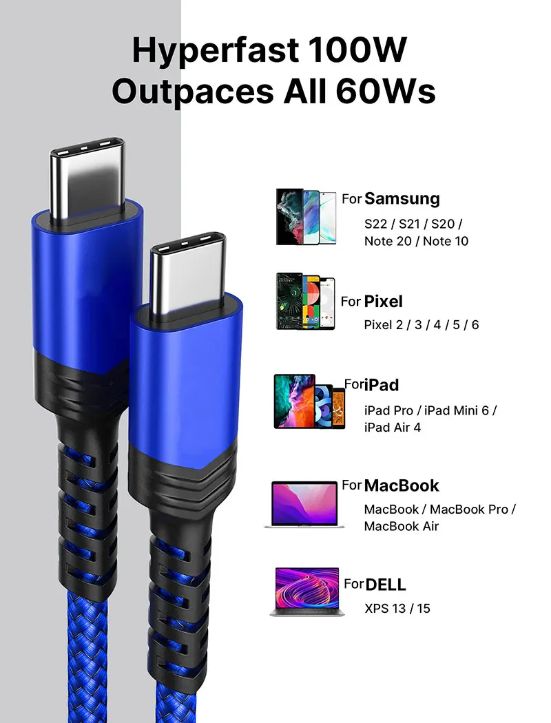 USB C to USB C Cable 100W Type C Fast Charging Charger Compatible with MacBook Pro, iPad Mini 6, iPad , Galaxy S22 21