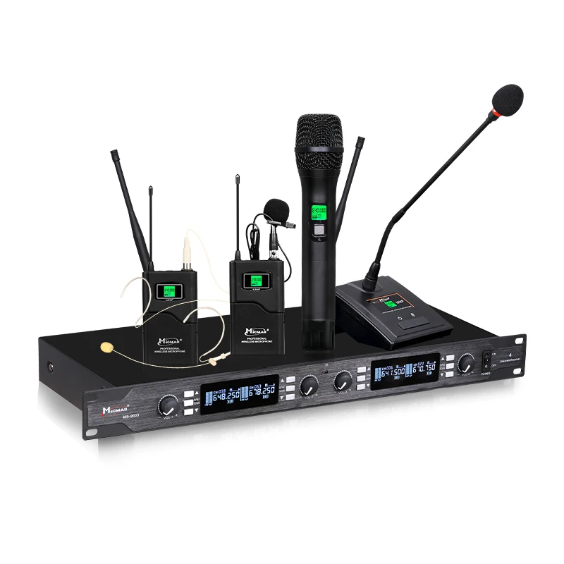 Wholesale high quality UHF 4 channel wireless handheld/headset microphone system with 200 different frequencies to select