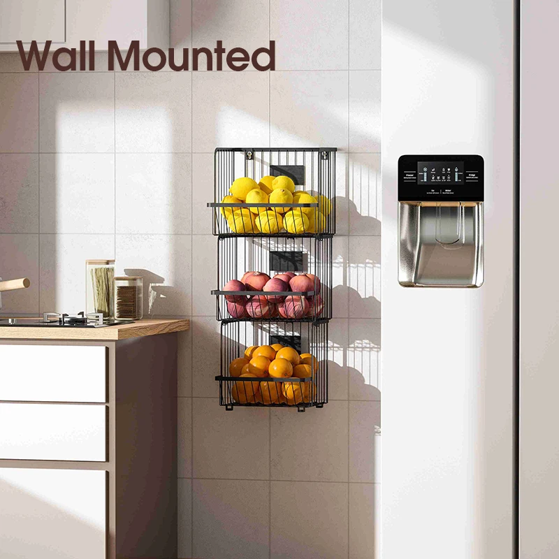Wall mounted kitchen storage 3 tier hanging vegetable and fruit storage basket