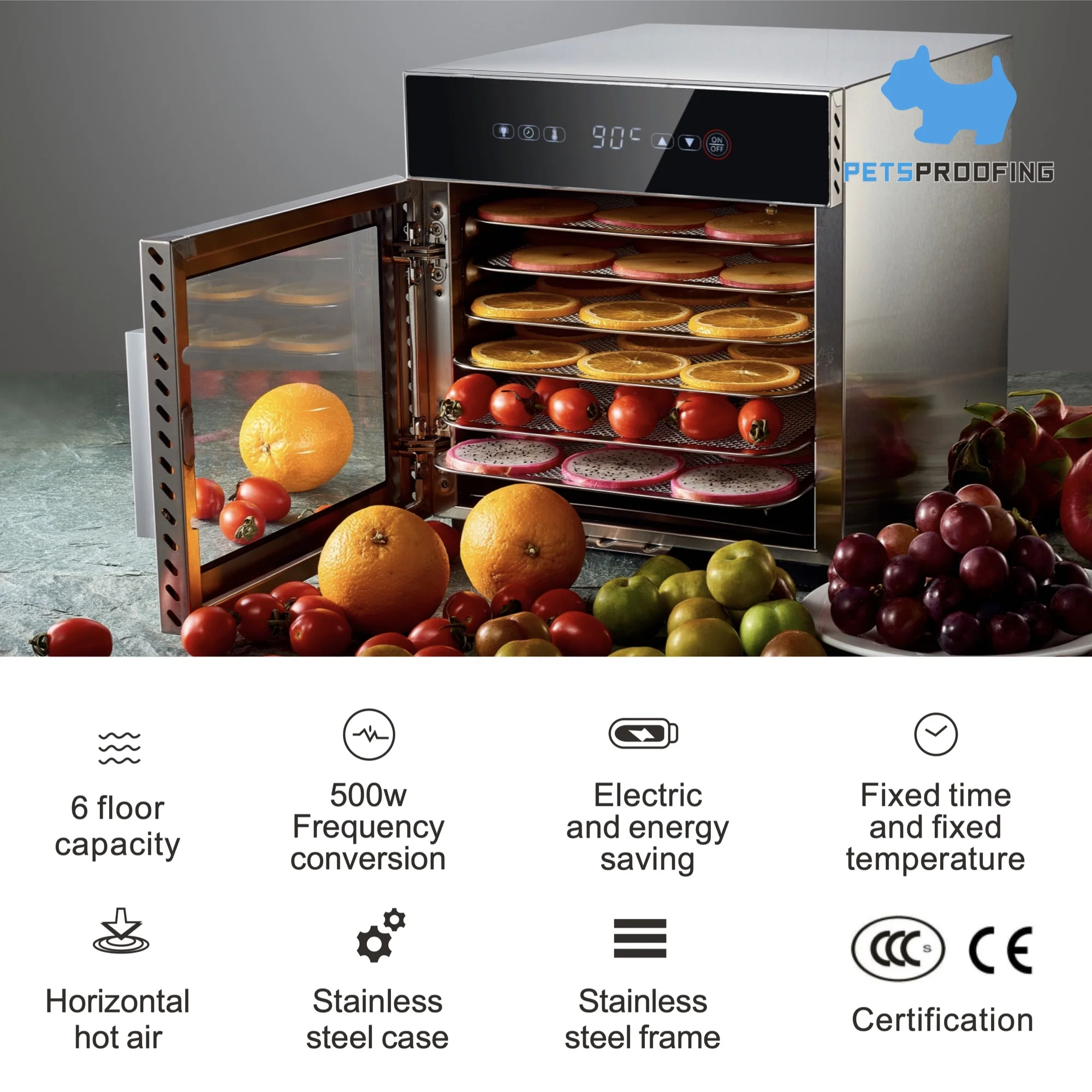 PETSPROOFING Home 6 Layer 500W stainless steel Trays Fruit Drying Machine MINI Food Dehydrator