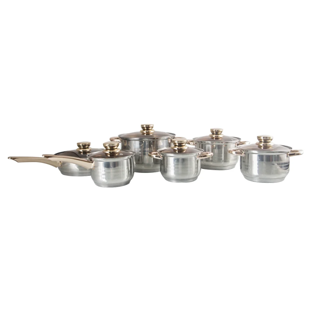 High Quality Factory Wholesale Stainless Steel Cookware Set Luxury 12 Pcs Kitchen Utensils With Glass Lid Casseroles